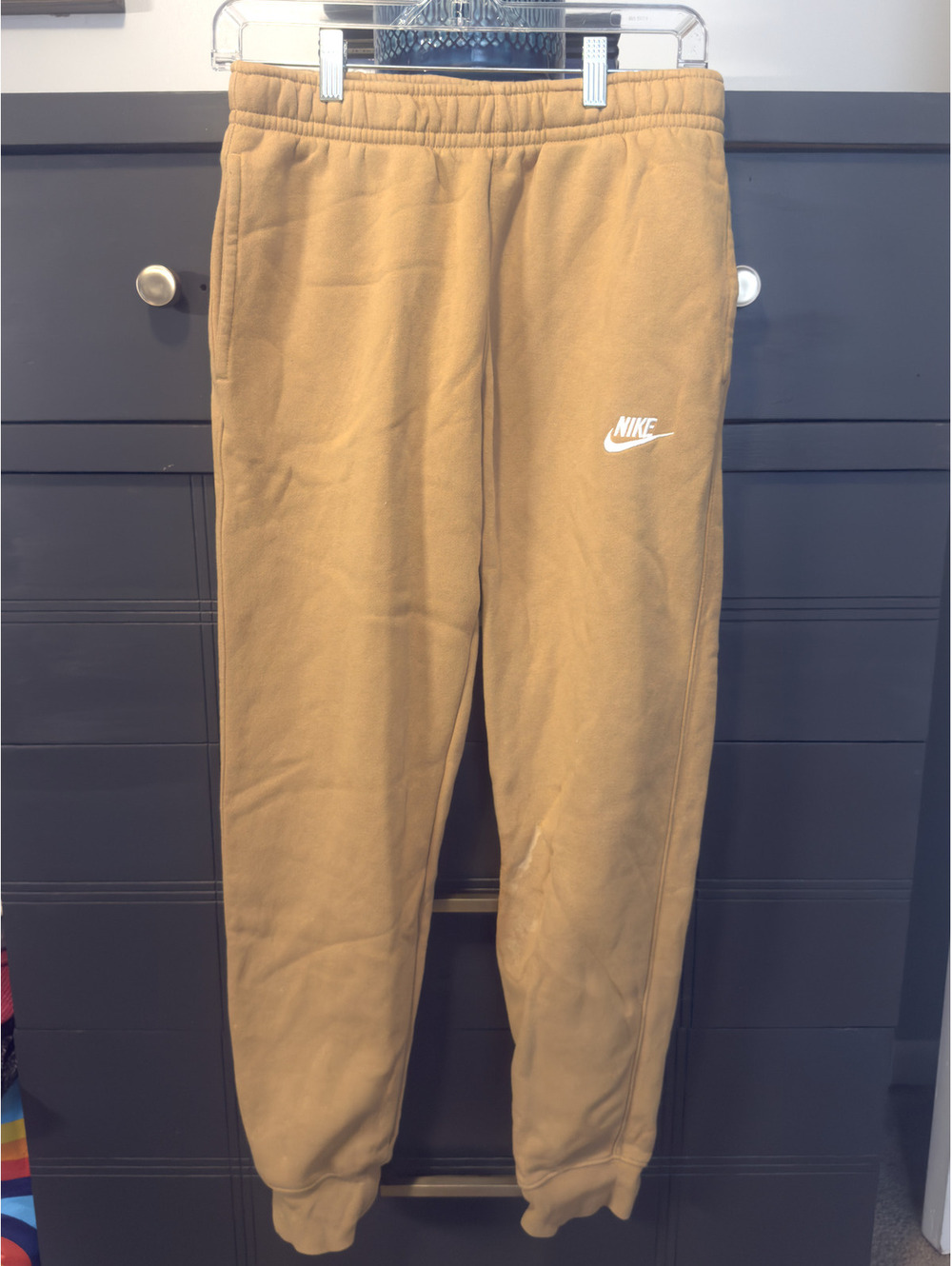 Nike Tan Sweatpants with White Logo, Size Small
